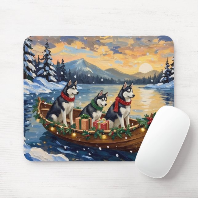Tapis De Souris Bateau de Noël de vacances Husky sibérien (Avec souris)