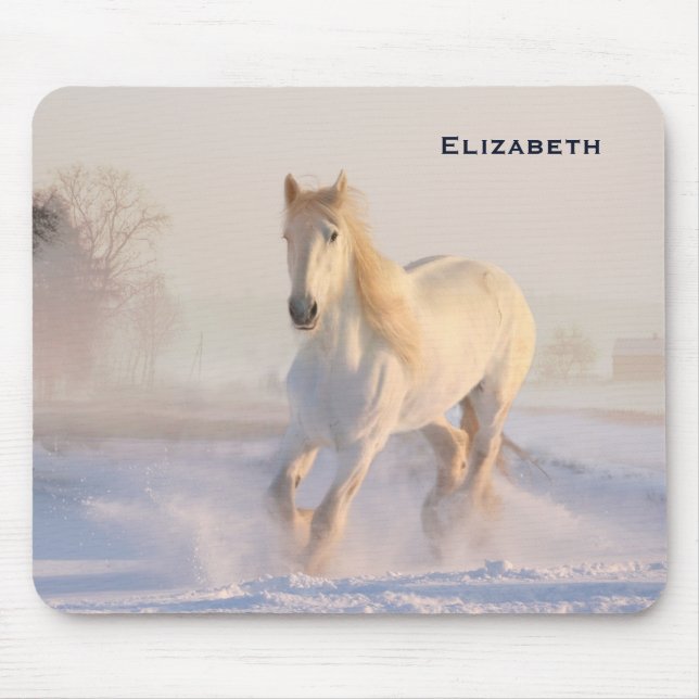 Tapis De Souris Beau Cheval Blanc Galloping dans la neige (Devant)