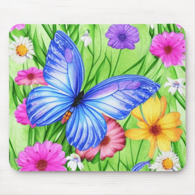 Tapis De Souris Beau Papillon Bleu avec fleurs Aquarelle (Devant)