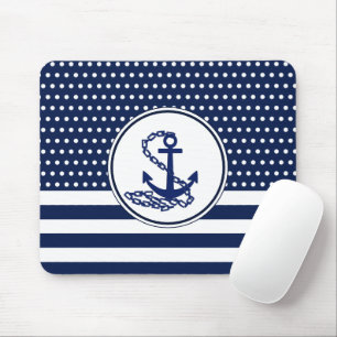 Tapis De Souris Beau Style Maritime, Bleu Et Blanc, Ancre