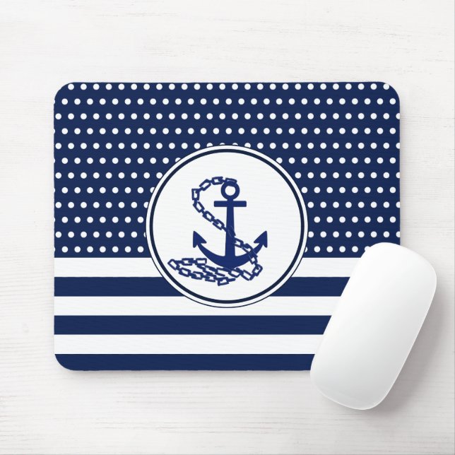Tapis De Souris Beau Style Maritime, Bleu Et Blanc, Ancre (Avec souris)