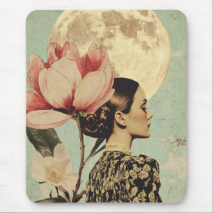 Tapis De Souris Beauté Lune - Femme avec Fleur Rose et Lune