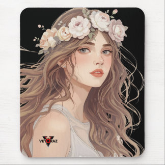 Tapis De Souris Beautiful Floral Anime Girl – Soft Pastel Aesthe
