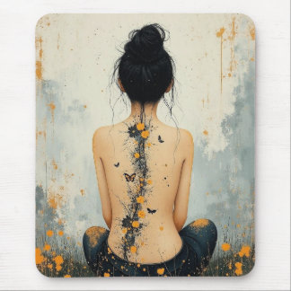 Tapis De Souris Beautiful Woman, Ink, Wildflowers and Butterflies