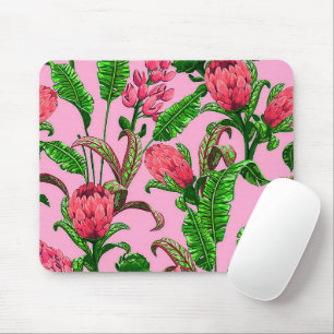 Tapis De Souris Beaux Feuilles verts tropicaux aux fleurs rouges  