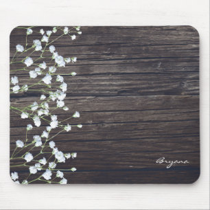 Tapis De Souris Bébé's Breath Floral & Dark Rustic Wood Country