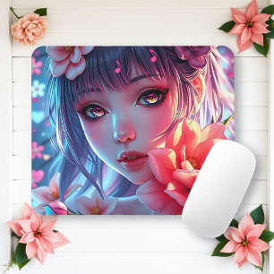 Tapis De Souris Belle Anime Girl Glitchcore Floral