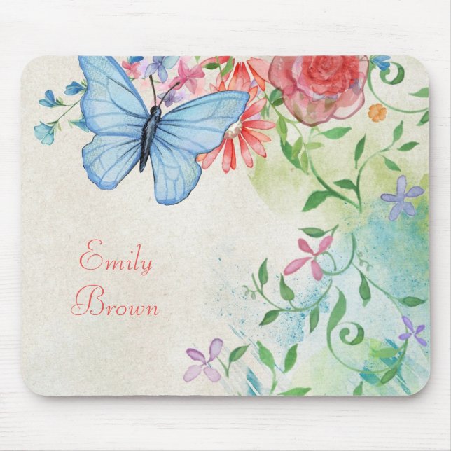 Tapis De Souris Belle aquarelle florale avec papillon (Devant)
