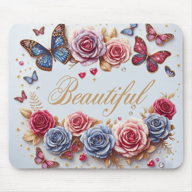 Tapis De Souris "Belle" aux papillons et rose (Devant)