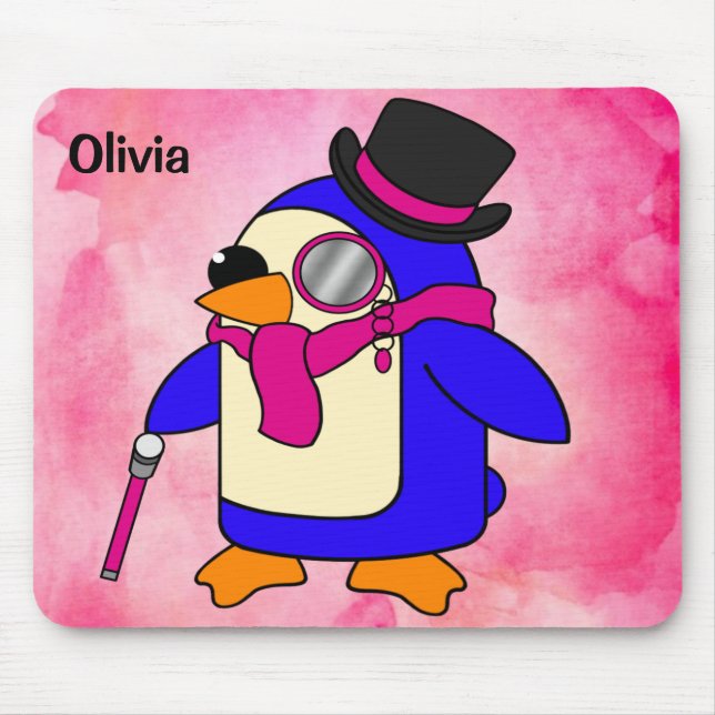 Tapis De Souris Belle caricature pingouin fleuri rose pastel (Devant)