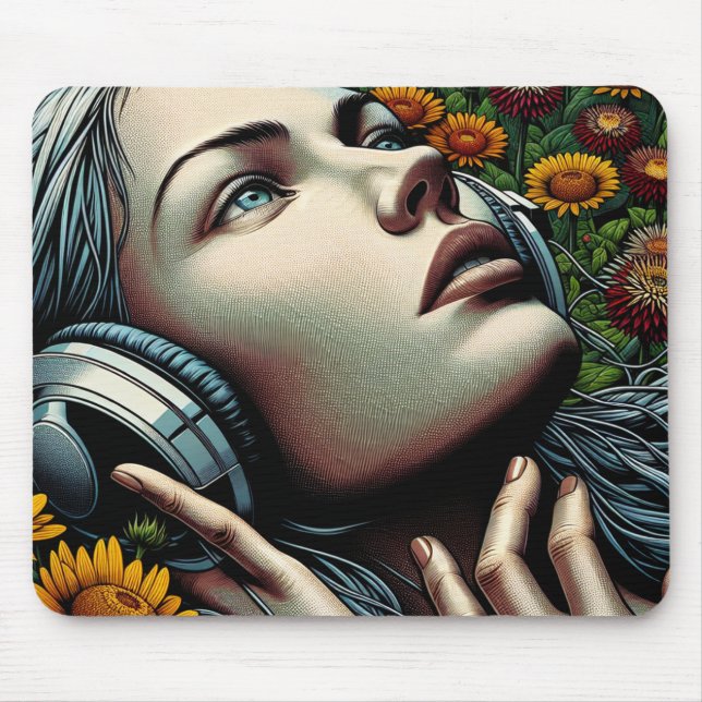 Tapis De Souris Belle femme avec casque dans les tournesols (Devant)