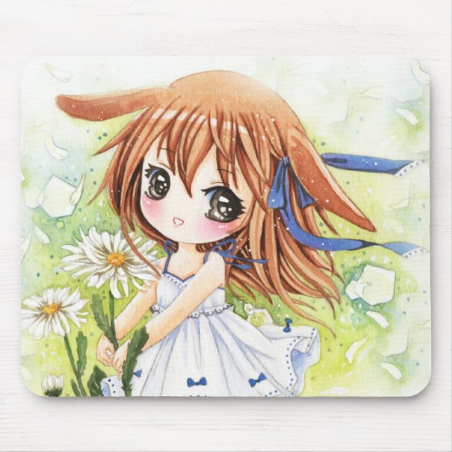 Tapis De Souris Belle fille d'anime avec la marguerite (Devant)