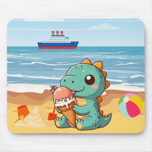 Tapis De Souris Belle glace manger dino à la plage (Devant)