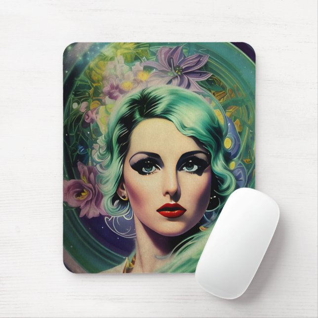 Tapis De Souris Belle Lavande & Green Retro Style Space Woman (Avec souris)