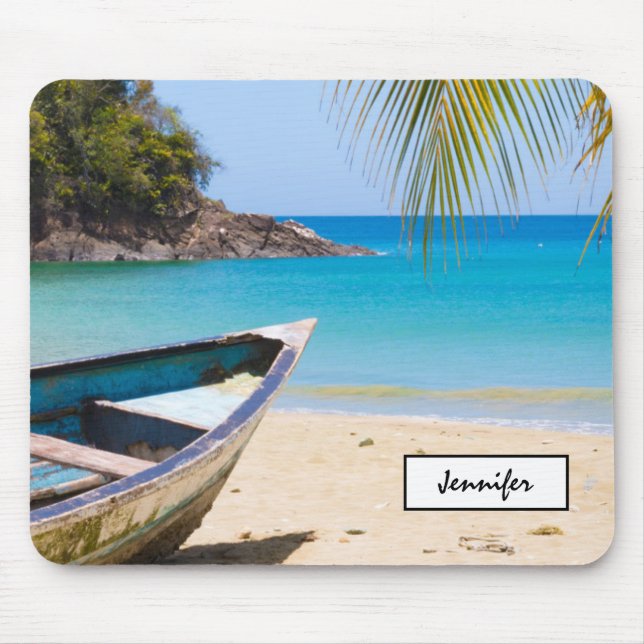 Tapis De Souris Belle plage tropicale avec bateau à rames (Devant)