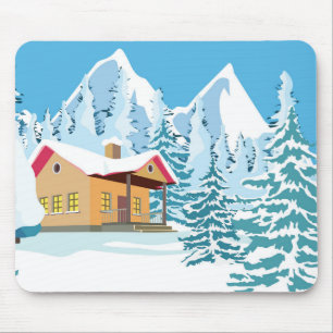Tapis De Souris Belle scène d'hiver remplie de neige avec Cabine
