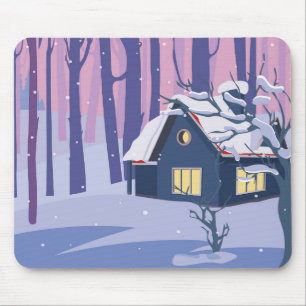 Tapis De Souris Belle scène d'hiver remplie de neige avec Cabine