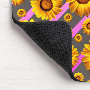 Tapis De Souris Belles fleurs jaunes sur gris, rayures roses