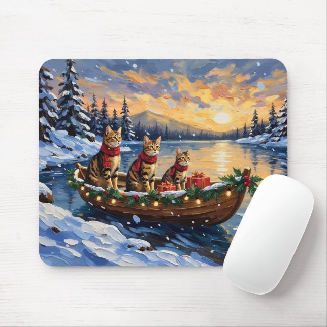 Tapis De Souris Bengal Cat Christmas Boat Holiday (Avec souris)