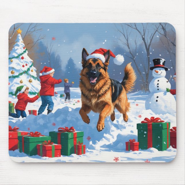 Tapis De Souris Berger allemand courant dans la neige avec Casquet (Devant)