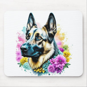 Tapis De Souris Berger allemand dans des fleurs roses et jaunes
