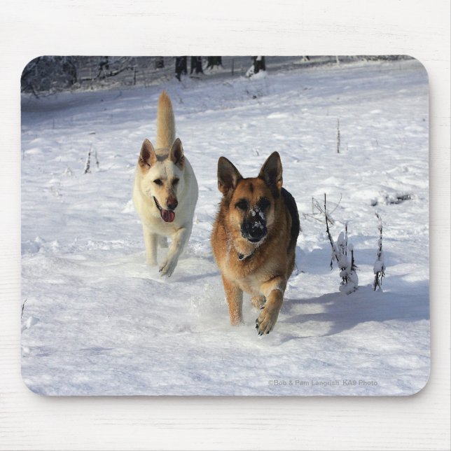 Tapis De Souris Bergers allemands courant dans la neige (Devant)