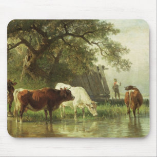 Tapis De Souris Bétail arrosant dans un paysage de rivière