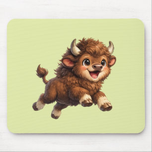 Tapis De Souris Bison Mignon aux Grands Yeux Cartoon de Faune Heur