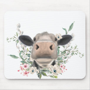 Tapis De Souris bisou de nez de vache fleurs aquarelle gris animal