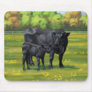 Tapis De Souris Black Angus Cow & Cute Calf in Summer Pasture