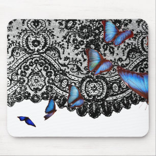 TAPIS DE SOURIS BLACK ANTIQUE LACE BLUE BUTTERFLIES MOUSE PAD