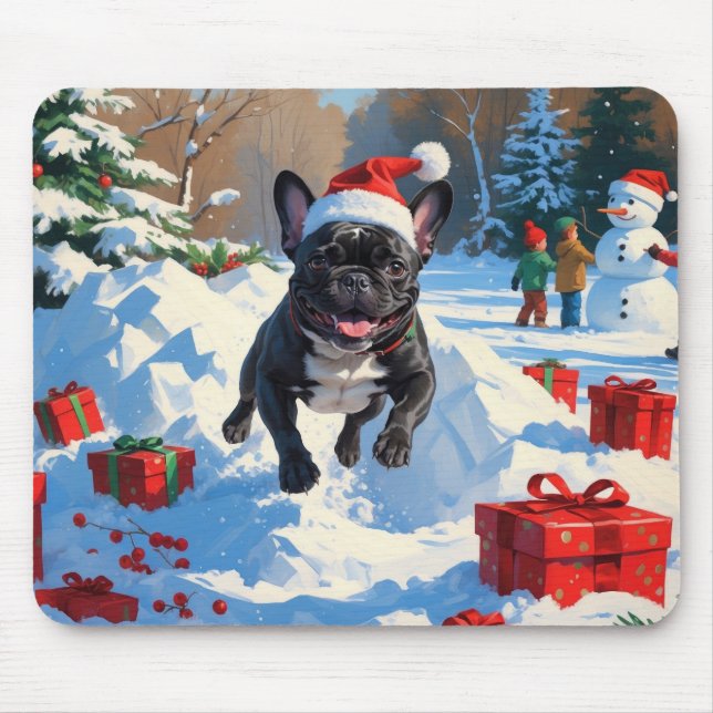 Tapis De Souris Black French Bulldog Festive de Noël Scène de neig (Devant)
