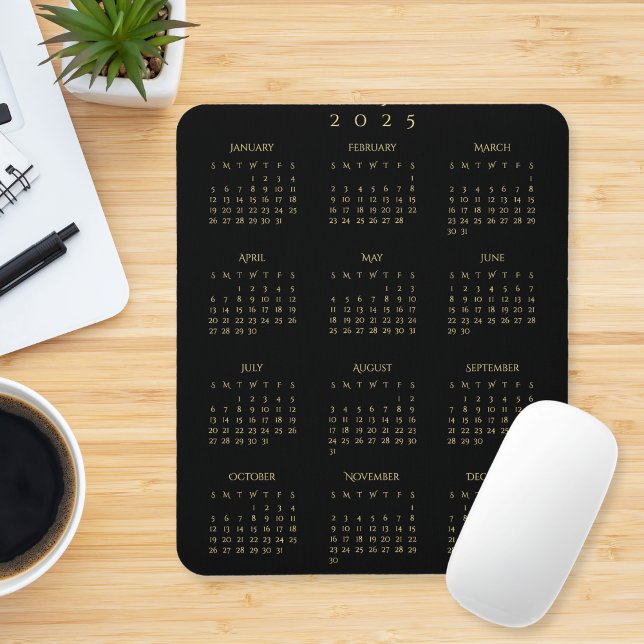 Tapis De Souris Black Gold 2025 Calendrier de l'année complète Acc (Black Gold 2025 Full Year Calendar Home Office Mouse Pad)