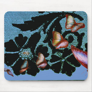 TAPIS DE SOURIS BLACK LACE ANTIQUE PATTERN BUTTERFLIES MOUSE PAD