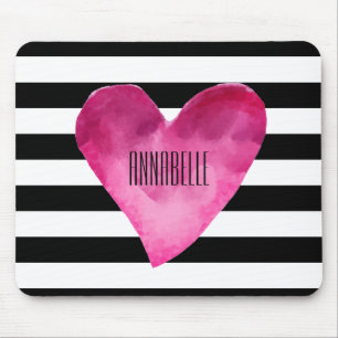 Tapis De Souris Black + White Stripes Aquarelle ROSE NOM DU COEUR