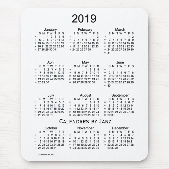 Tapis De Souris Blanc 2019 calendrier de 52 semaines par Janz (Devant)