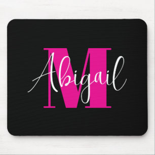 Tapis De Souris Blanc et rose chaud Monogramme moderne Noir