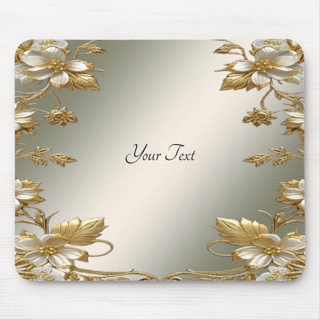 Tapis De Souris Blanc Floral Or Ornat Mousepad (Devant)