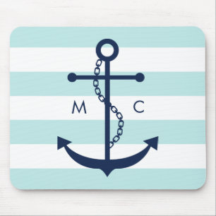 Tapis De Souris Bleu blanc Monogramme Grilles Ancre