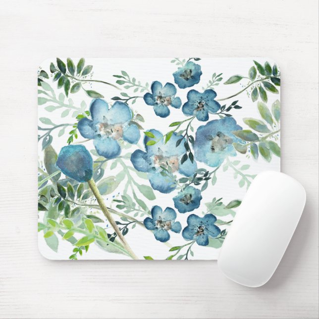 Tapis De Souris Bleu Bleu Elégant Aquarelle Flore Verdure (Avec souris)