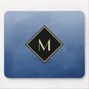 Tapis De Souris Bleu Brossé Élégant Avec Monogramme Or Simple