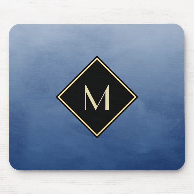 Tapis De Souris Bleu Brossé Élégant Avec Monogramme Or Simple (Devant)
