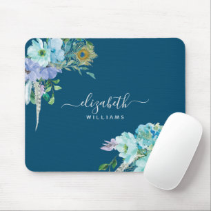 Tapis De Souris Bleu de la marine florale Feuillet botanique