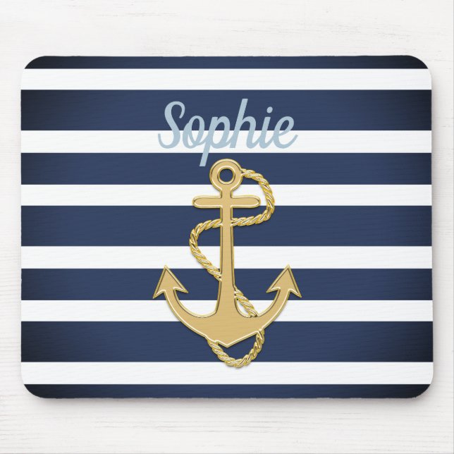 Tapis De Souris Bleu et Ancre or Nautique (Devant)
