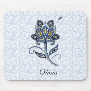 Tapis De Souris Bleu floral élégant nommé personnalisé de Pais