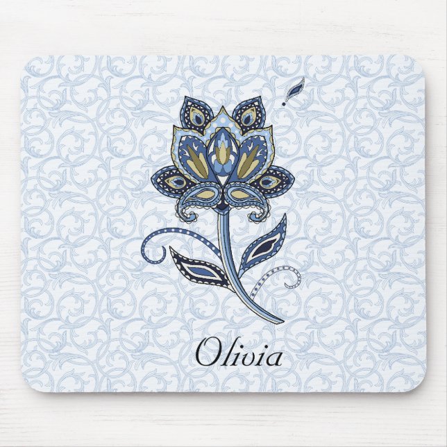 Tapis De Souris Bleu floral élégant nommé personnalisé de Paisley (Devant)