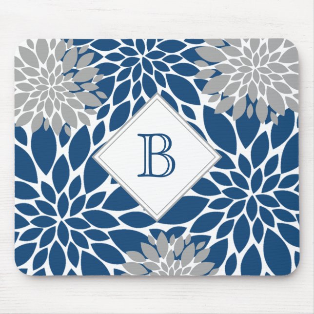 Tapis De Souris Bleu Gris Moderne Fleurs Initiales Monogramme Sour (Devant)