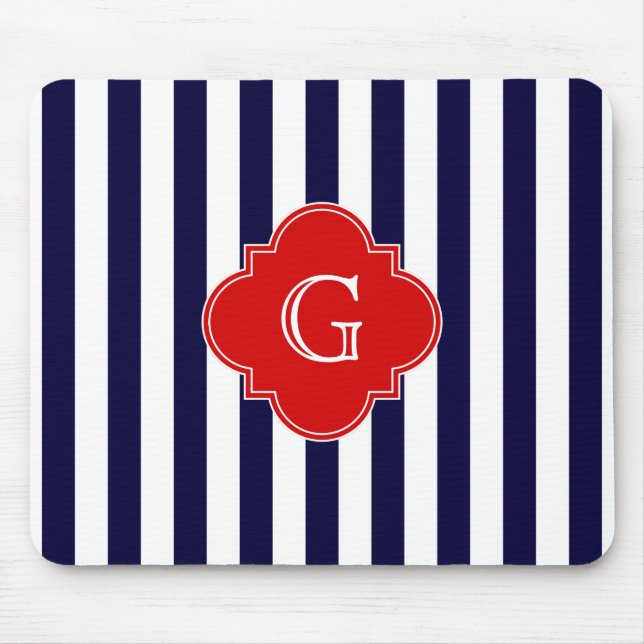 Tapis De Souris Bleu marine blanc rayure rouge quatrefeuille monog (Devant)