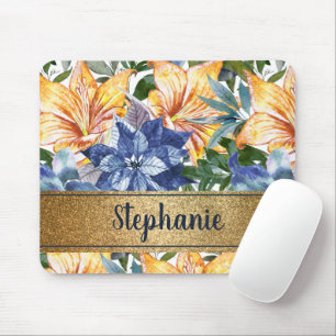 Tapis De Souris Bleu marine orange floral or nom script  