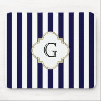 Bleu Nuit Blanc Étiquette Monogramme Rayure Moyenn